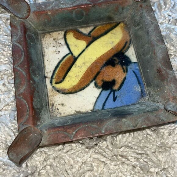 VINTAGE CIASA BRASS COPPER ASHTRAY WITH TILE CENTER - Picture 2 of 11